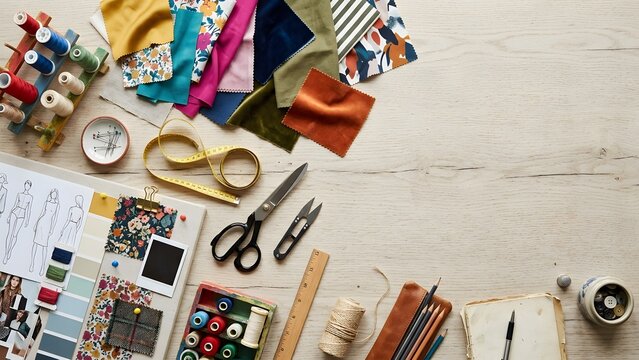 Fashion design and sewing concept with fabric swatches, sketches, threads, and scissors on a wooden table