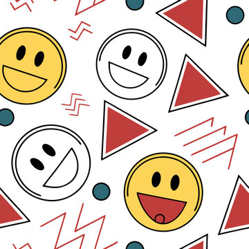 Retro memphis style seamless pattern with happy smiling faces and geometric shapes