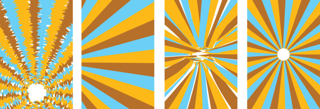 Retro Sunburst Poster Set with Distorted Striped Sun Rays Backgrounds
