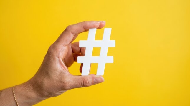 Hand holding a white hashtag symbol isolated on a bright yellow background