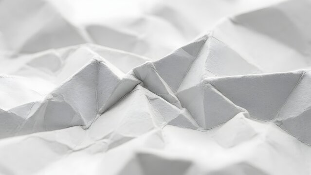 Abstract close-up of crumpled white paper creating geometric shapes and textures with soft lighting