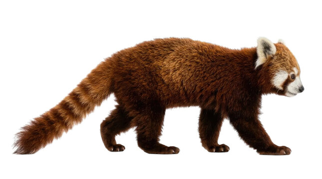 Full body side view of a cute red panda walking forward presented as an isolated on transparent background