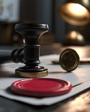 Notary Office Embosser and Wax Seal on Document Under Desk Lamp Light