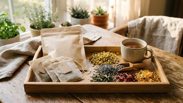 Herbal tea ingredients and a hot cup of tea on a wooden tray, preparing a soothing beverage