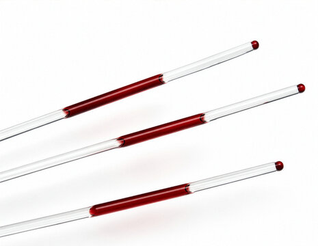 Three Glass Capillary Tubes with Red Liquid on White