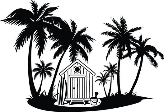Black and white vector illustration of a beach hut with surfboard and palm trees silhouettes