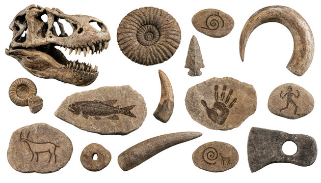 Prehistoric fossils and ancient stone age artifacts collection on white