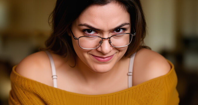 Woman with glasses giving playful smirk, wearing mustard yellow off shoulder top