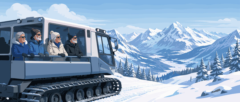 Senior friends enjoying a scenic snowcat tour through majestic snow-covered mountains