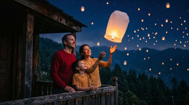 Family releases sky lantern at dusk in mountain village celebration