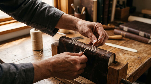 Artisan bookbinder meticulously stitches a leather-bound book in a workshop setting