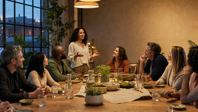 Smiling woman standing and giving a speech to a diverse group of friends during a warm community dinner gathering in a modern loft