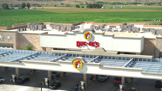 Johnstown, Colorado, USA, 02 September 2026. The exterior facade and entrance of a Buc-ee's travel center and convenience store.