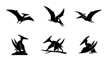Pterodactyl Silhouettes: Flying and Perched Ancient Reptile Icons, Prehistoric Vector Graphics Set © Moli