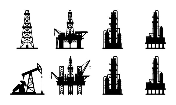 Oil Rig and Refinery Icons Set: Industrial Energy Extraction and Processing Vector Graphics