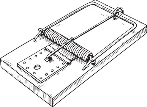 Mouse Trap (Rat Rodent Control) Household Pest Extermination Hand-drawn Sketch Drawing Vector Illustration, Line Linear Symbol Black and White Engraving, Isolated