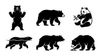 Fototapeta premium Black Bear Silhouettes Collection, Panda Bear Icon, Wildlife Animal Vector Graphics, Nature Icons