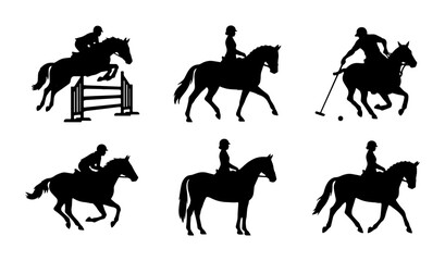 Fototapeta premium Equestrian Silhouette Set: Horse Riding, Jumping, Polo, Vector Graphics for Sport and Lifestyle