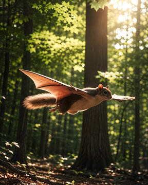 Surreal flying squirrel with large bat-like wings gliding through a sunlit green forest, imaginative fantasy wildlife concept with dramatic natural light.