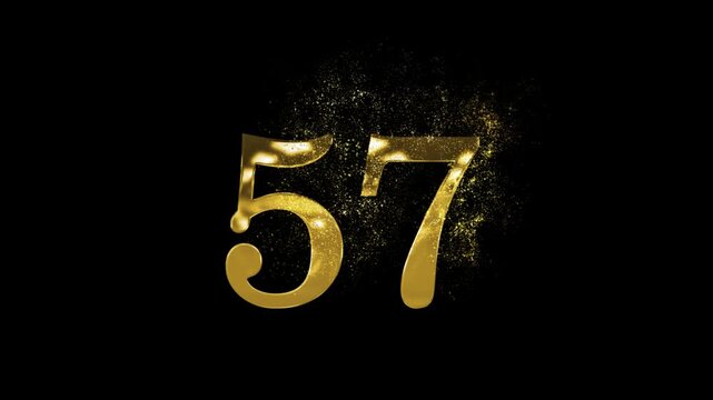 Banner of golden number 57 made of gold particles and transparent background, fifty seven