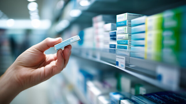 Hand holding a medicine package in front of shelves filled with pharmaceutical products in a pharmacy, illustrating medication selection, healthcare shopping, prescriptions, and pharmaceutical retail.