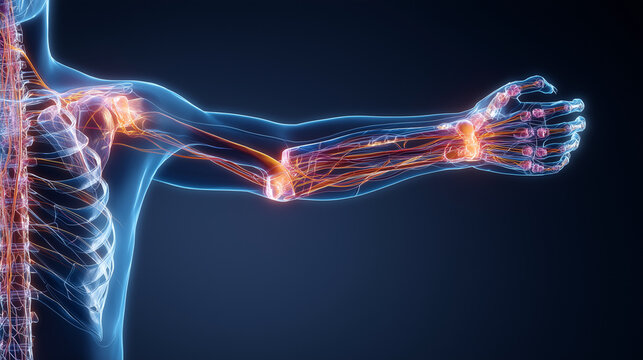 Medical visualization of a human hand with transparent skeletal anatomy and multiple highlighted joints, illustrating hand arthritis, joint inflammation, pain, bone disorders, and musculoskeletal heal
