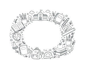 Obraz premium Whimsical doodle border of school supplies and a building for education