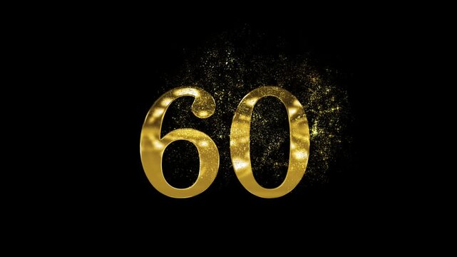 Banner of golden number 60 made of golden particles and transparent background, sixty