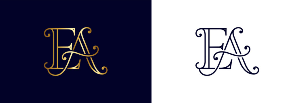 Elegant EA monogram with gold and navy blue contrast for branding projects.