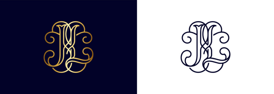Intertwined JL monogram in gold and navy blue for distinctive brand marks.