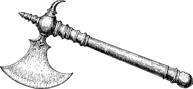 Antique engraved battle axe isolated on white background for historical weapon background and poster design