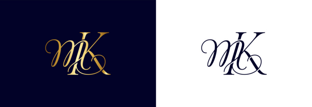 Classic MK monogram initial in gold and navy with flowing script for elegant branding.