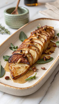 Photorealistic celeriac wedge with caramelized crust, brown butter puree, hazelnuts, apple cider and sage in Nordic oven light