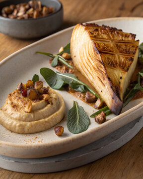Photorealistic roasted celeriac wedge with brown butter puree, hazelnuts, cider reduction and crispy sage in warm Nordic light