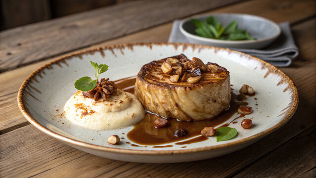 Photorealistic roasted celeriac on Nordic oak with brown butter puree, hazelnuts, cider reduction, sage and apple-skin accents