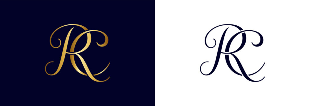 Elegant RC monogram in gold on navy blue and dark blue on white backgrounds.