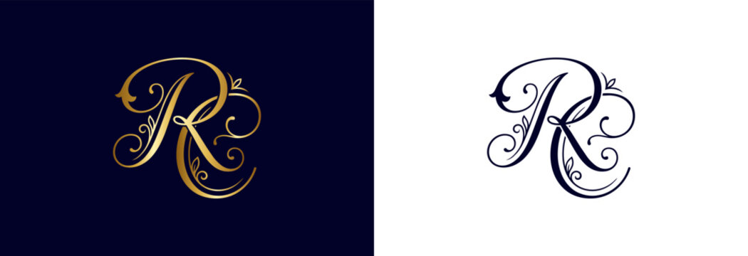 Gold RC monogram with floral elements on navy blue background, elegant script logo.