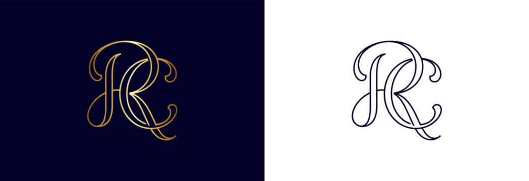 Monogram rc golden ornate letters on navy blue background, elegant logo.
