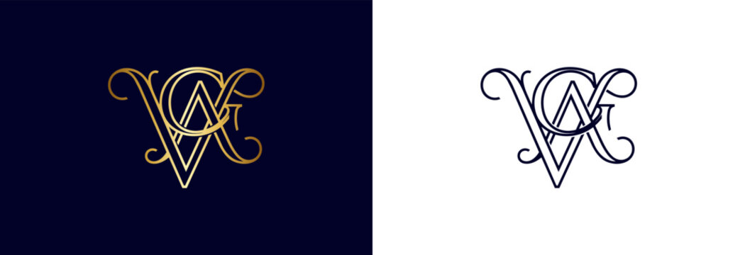 Artistic VCA monogram in gold and dark blue with unique ornate flourishes.