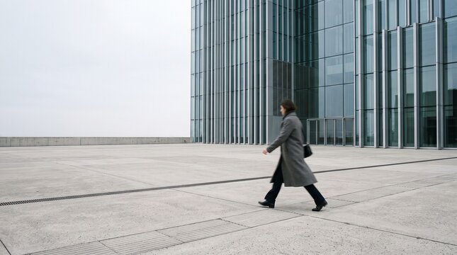 Professional woman walking outside modern glass office building in urban business district