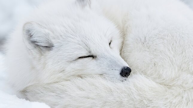 Cute arctic fox sleeping curled up in the cold winter snow