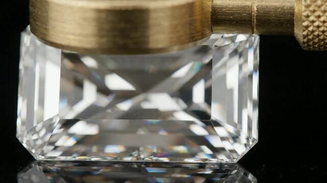 Emerald cut diamond inspection with jeweler loupe, macro close-up of luxury gemstone assessment and jewelry craftsmanship