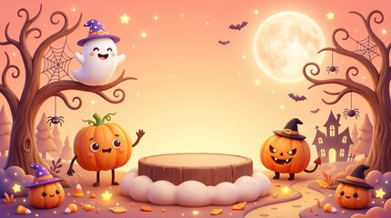 Fototapeta premium Cute halloween pumpkin characters and ghost with a product display podium in a spooky forest under a full moon