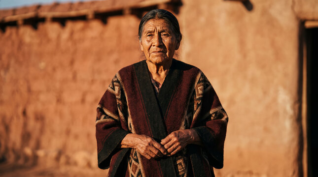 Elderly Indigenous Woman Wearing Traditional Poncho in Rural Setting