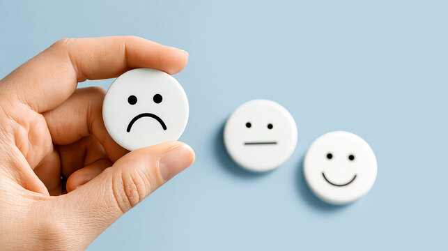 Hand holding a white circle with a sad face emoticon over a blue background. Other buttons show neutral and happy smiley icons. Concept of customer service rating or mental health
