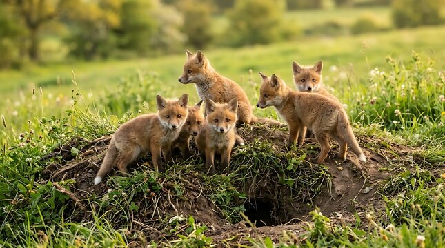 Group of cute red fox cubs playing together in a green summer meadow