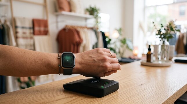 Person making a contactless payment with a smartwatch at a retail store checkout counter.
