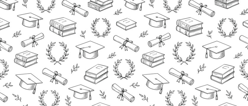 Monochrome academic line pattern featuring graduation caps, diplomas, and books
