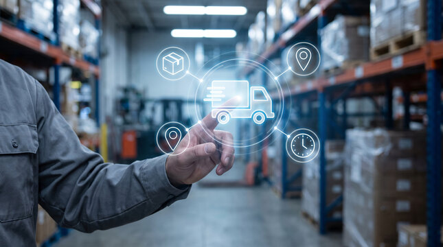 Warehouse worker interacts with digital logistics interface showing delivery truck and icons