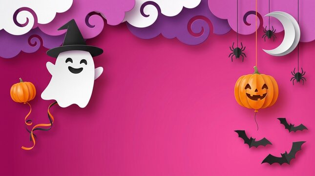 Cute cartoon ghost wearing a witch hat and smiling pumpkin jack o lantern with bats and moon in a festive halloween night scene with a bright purple and pink background